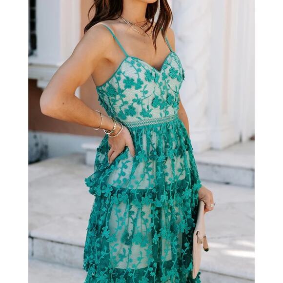 VICI Pascal Tiered Crochet Lace Midi Dress Teal Green XS - Picture 10 of 12